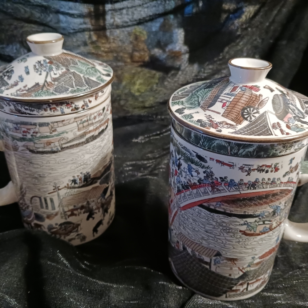 Tea cup set, w/ loose tea strainer & lid from Chinatown San Francisco 1987, NWOT